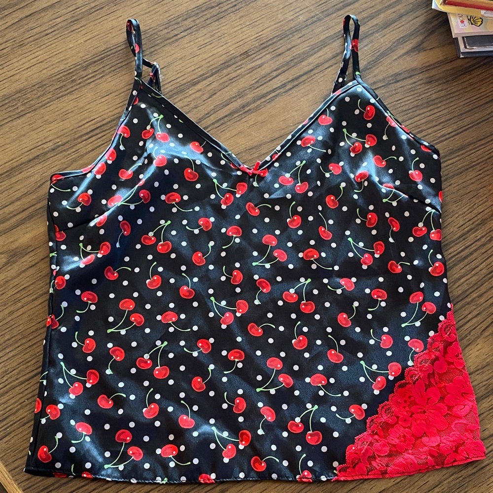 Cherry Print Satin Camisole with Lace Detail